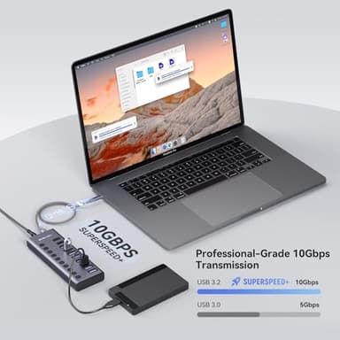 ACASIS 10 Ports 60W USB C 3.2 Hub, 10Gpbs Data Transfer, 20V/3A Power Adapter, Individual On/Off Switches, Aluminum Housing, USB Splitter for PC, Computer, Laptop, Mobile HDD, Flash Drive - Image 3