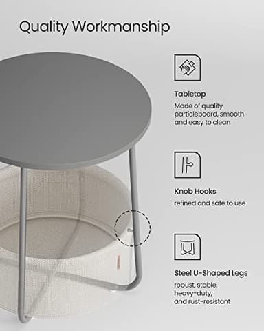 VASAGLE Small Round Side End Table, Modern Nightstand with Fabric Basket, Cement Gray and Cream White ULET223G49 - Image 5