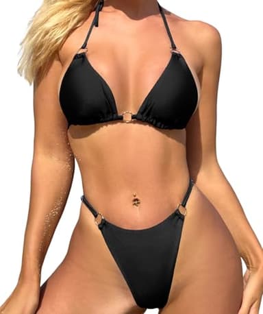 MIKETAI Sexy Bikinis for Women 2 Piece Bikini Spaghetti Strap Swimsuits Solid Color Bathing Swimwear Triangle Bathing Suit (US, Alpha, Medium, Regular, Regular, Black) - Image 2