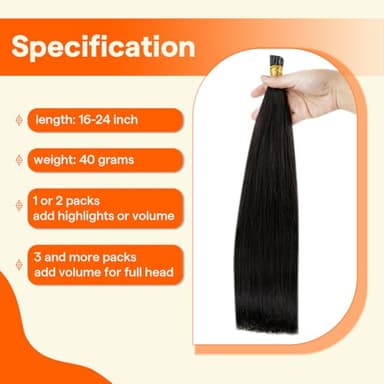 Full Shine I Tip Hair Extensions Human Hair Color 1B Off Black 22 Inch 40 Grams Long Straight Itip Human Hair Extensions add Length Pre Bonded Extensions Remy Hair for Women - Image 4