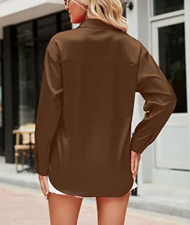 WARHORSEE Womens Button Down Shirt Long Sleeve Work Dress Shirts Wrinkle Free Satin Blouses Business Casual Tops Dressy,Brown,XXL - Image 4
