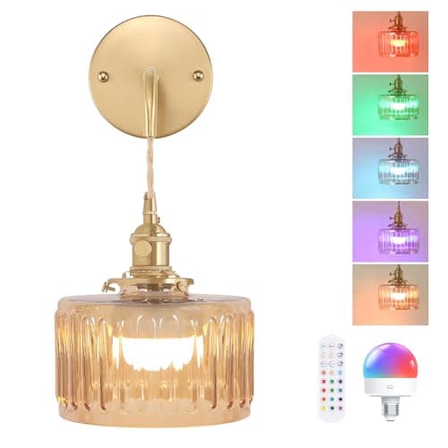 Shenmoyl Battery Operated Wall Sconce with Amber Striped Shade Pattern Glass Adjustable Chain Retro Gold Wall Mounted Light, Modern Wall Lamp Fixtures Decor for Bedside Bedroom Indoor Doorway - Image 1