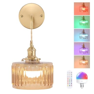 Shenmoyl Battery Operated Wall Sconce with Amber Striped Shade Pattern Glass Adjustable Chain Retro Gold Wall Mounted Light, Modern Wall Lamp Fixtures Decor for Bedside Bedroom Indoor Doorway - Image 1
