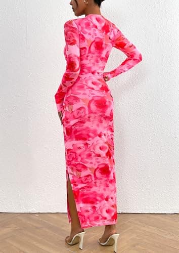 PRETTYGARDEN Women's Bodycon Maxi Dress Fall Spring Fashion Long Sleeve Floral Print Tight Fitted Party Club Ruched Dresses (Print Pink,X-Small) - Image 2
