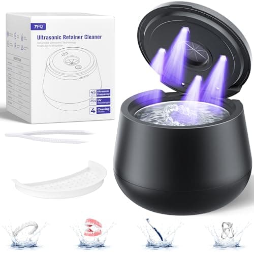 45kHz Ultrasonic Retainer Cleaner, 200ML Dental Cleaning Pod for Dentures, Mouth Guards, Braces, Aligner, Toothbrush Jewelry and More, UV Denture Cleaner with 4 Modes & Digital Timer