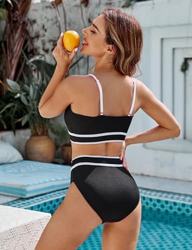 BMJL Women's High Waisted Bikini Ribbed Two Piece Swimsuit High Cut Color Block Adjustable Straps Bathing Suit(L,Black) - Image 2