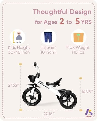 KRIDDO Kids Tricycles Age 24 Month to 4 Years, Toddler Kids Trike for 2.5 to 5 Year Old, Gift Toddler Tricycles for 2-4 Year Olds, Trikes for Toddlers, Sporty Styling, White - Image 5