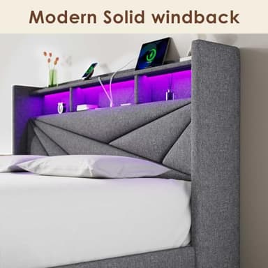 Driftalia LED King Size Bed Frame with 2 Storage Drawers, Upholstered King Bed Frame with Headboard and Charging Station, No Box Spring Needed, Easy to Assembly-Light Grey - Image 6