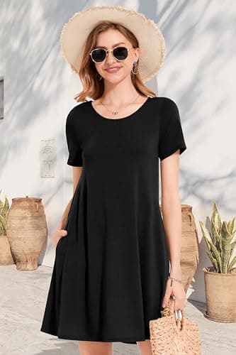 elescat Fall Dresses for Women Casual with Pockets Summer Mini Beach Sundress Short Sleeve Loose Fit(Black,XL) - Image 4