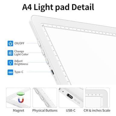 TOHETO A4 Light Board for Diamond Painting, Super Bright Magnetic Light Pad with Side Buttons, Lightbox for Tracing and Drawing, Corded Light Table for Sketching, Animation, Weeding Vinyl (White) - Image 5