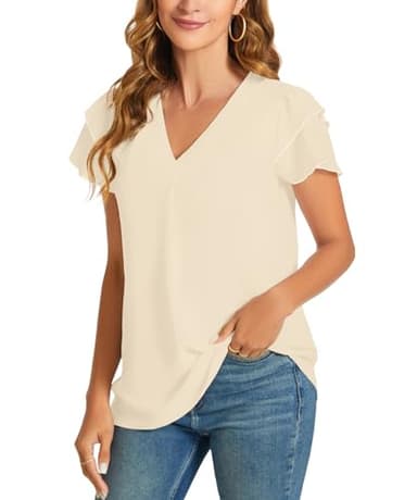 KUOTAI Womens Tops Summer Casual Shirts Short Sleeve V Neck Dressy Work Business Blouse(Beige, XX-Large) - Image 3