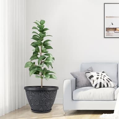 Nooulap 4 Pack 10 Inch Plant Pot for Outdoor Indoor, Plastic Flower Pots with Drainage Hole & Saucer, Lightweight Small Resin Flower Pot, Imitation Magnolia Planter Pots for Garden House（Gray） - Image 7