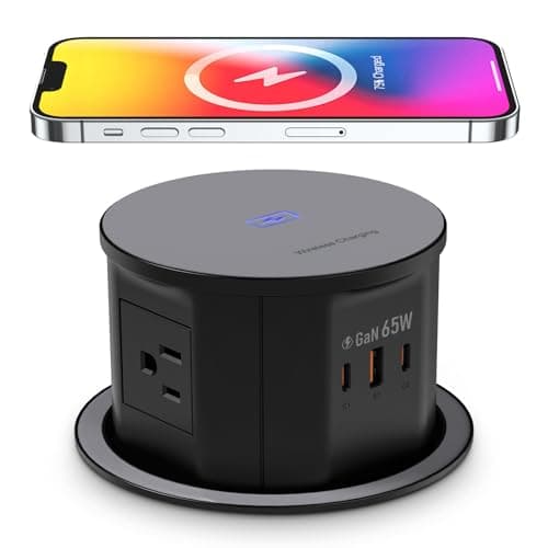 Pop up Outlet for Countertop with 15W Wireless Charger,65W USB C Charging Station,4 Outlets,2 USB C,USB A,Tamper Resistant Receptacle,4.7'' Hole Power Grommet,Office Power Supply,Black - Image 1