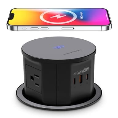 Pop up Outlet for Countertop with 15W Wireless Charger,65W USB C Charging Station,4 Outlets,2 USB C,USB A,Tamper Resistant Receptacle,4.7'' Hole Power Grommet,Office Power Supply,Black - Image 1