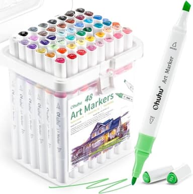 Ohuhu Markers, 48-color Art Marker Set for Architectural Design - Landscape Double Tipped Alcohol Markers - Chisel & Fine Alcohol-based Drawing Marker for Artists Students' Art Class Adults Coloring - Image 1