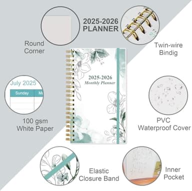 2025-2026 Monthly Planner - October 2025 - December 2026, Two Pages Per Month, 18 Monthly Calendar/Planner with Tabs, Strong Twin-Wire Binding, Inner Pocket, 3.75" x 6.5", Teal Flower - Image 2