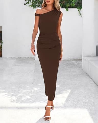 BTFBM Women's Formal Cocktail Dresses Fall 2025 One Shoulder Twist Strap Ruched Bodycon Elegant Wedding Party Maxi Dress(Coffee, Small) - Image 7