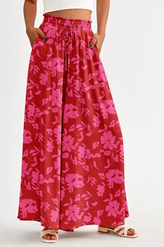 PRETTYGARDEN Women's 2025 Summer Wide Leg Palazzo Pants High Waisted Flowy Pockets Trendy Casual Lounge Boho Beach Trousers (Print Red,Medium) - Image 2
