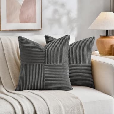 Fancy Homi 2 Packs Dark Gray Decorative Throw Pillow Covers 18x18 Inch for Living Room Couch Sofa, Rustic Farmhouse Boho Home Decor, Soft Corss Corduroy Patchwork Textured Square Cushion Case 45x45 cm - Image 7