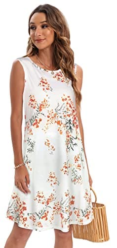 Summer Dresses for Women Beach Floral Tshirt Sundress Sleeveless Pockets Casual Loose Tank Dress(White Orange Floral,XL) - Image 5