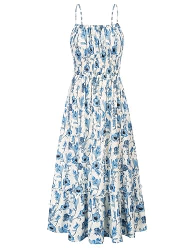 Women Sleeveless Spaghetti Strap Dress Square Neck A-line Ruffle Hem Maxi Dress Floral Sundress Blue Floral S - Image 1