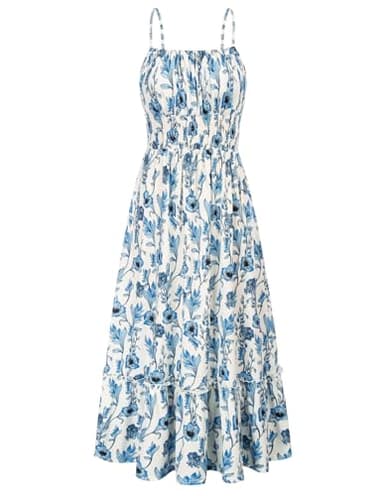 Women Sleeveless Spaghetti Strap Dress Square Neck A-line Ruffle Hem Maxi Dress Floral Sundress Blue Floral S - Image 1