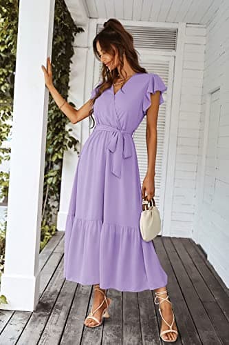 PRETTYGARDEN Women's Summer Floral Boho Dress Wrap V Neck Short Sleeve Ruffle A-Line Flowy Maxi Wedding Guest Dresses (Solid Purple,X-Large) - Image 5