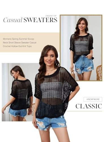 Dokotoo Womens Juniors Spring Summer Crochet Hollow Out Sweaters Tops Resort Wear for Women 2025 Round Neck Short Sleeve Pullover Shirt Lightweight Knit Tops Blouse Black Medium - Image 4