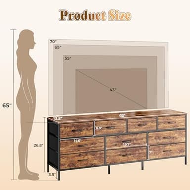 Huuger 63 Inch Dresser for Bedroom, Long Dresser with 10 Fabric Drawers, TV Stand for 55, 65, 70 Inch TV, Toy Storage Organizer for Closet, Rustic Brown - Image 4