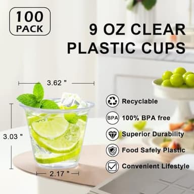 Lamosi 100 Pack 9 oz Clear Plastic Cups, Disposable Cups Wine Cocktail Punch, Sturdy & Food Safe Plastic Cup for Party & Wedding - Image 3
