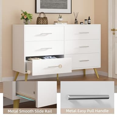 Shintenchi 6 Drawer Dresser, Wide Chest of Drawers Organizer Storage with Drawers, Large Storage Cabinet, Modern Design Dresser for Bedroom, Living Room, Porch, White - Image 4