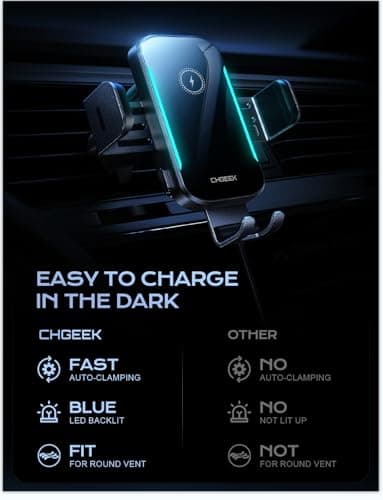 CHGeek Wireless Car Charger, 15W Fast Charging Car Phone Holder Charger Auto-Clamping Air Vent Car Phone Mount with Blue LED Backlit for iPhone 16 15 14 13 12, Samsung S24 S23 S22, etc - Image 6