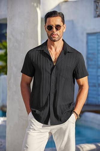 COOFANDY Men Short Sleeve Button Up Shirts Casual Linen Shirts for Men Summer Beach Shirt for Wedding Black - Image 2