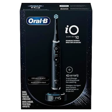 Oral-B iO Series 10 Rechargeable Electric Toothbrush with Visible Pressure Sensor to Protect Gums, 2 Min Timer, 7 Cleaning Settings, 4 Replacement Toothbrush Heads, and Charging Travel Case, Black - Image 1