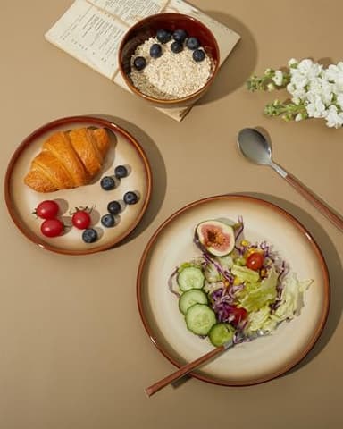 Pokini Ceramic Dishes Set for 8, 24 Piece Stoneware Dinnerware Sets, Chip and Scratch Resistant, Easy to Stack & Clean, Modern Rustic Look, Brown Yellow - Image 7