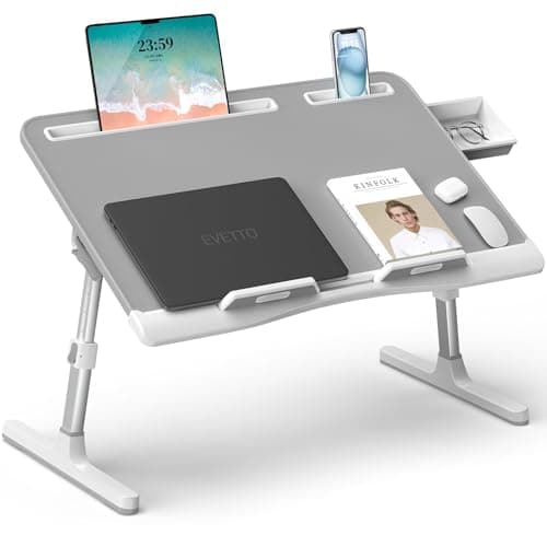 Laptop Bed Desk, X-Large Leather Adjustable Computer Bed Table Tray, Foldable Laptop Lap Desk for Bed Sofa Couch Floor Writing Eating Working with Drawer 2 Movable Stoppers (23.6 inch, Grey) - Image 1