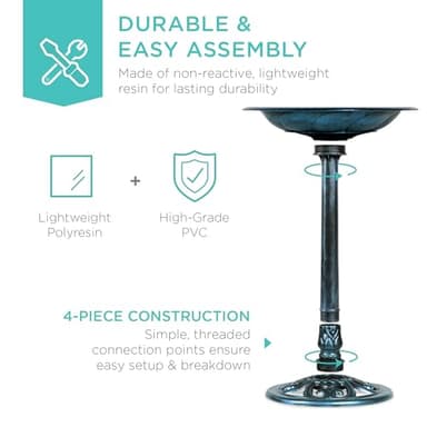 Best Choice Products 28in Pedestal Bird Bath, Vintage Outdoor Resin Accent Decoration w/Fleur-de-Lis Accents - Peacock Blue - Image 6