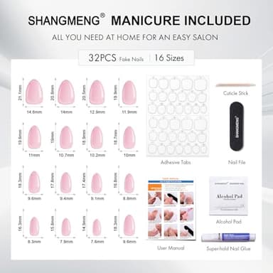 SHANGMENG White French Tip Press on Nails Short - Soft Gel Almond Press on Nails for Women Gift, Fit Perfectly & Natural Glue on Nails in 16 Sizes - 32 Reusable Fake Nails with Glue, French White - Image 6