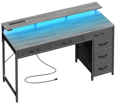 Huuger Gaming Desk with 6 Drawers, Computer Desk with LED Lights Power Outlets and Type-C, 47 Inch Office Desk with Storage, Monitor Stand, Writing Desk Work Desk for Home Office, Bedroom, Study, Grey - Image 1