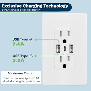 TOPGREENER USB Outlet, 3-Port Type C 3.6A 18W Wall Outlet, 15 Amp Receptacle, Charging Power Outlet with USB Ports, Compatible with iPhone 17 Series & More, UL Listed, TU21536AC3-2PCS, White, 2 Pack - Image 3