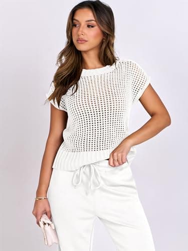 ANRABESS Women Two Piece Outfits Crochet Sheer Knit Sweater Top Wide Leg Pants Lounge Matching Sets Sweatsuit Travel Clothes White Large - Image 7