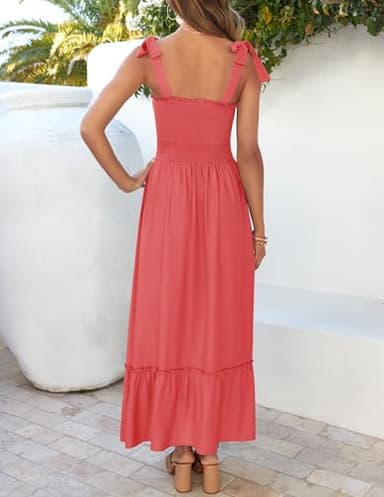 ZESICA Women's 2025 Summer Boho Spaghetti Strap Square Neck Solid Color Ruffle A Line Beach Long Maxi Dress,Watermelon,Large - Image 3