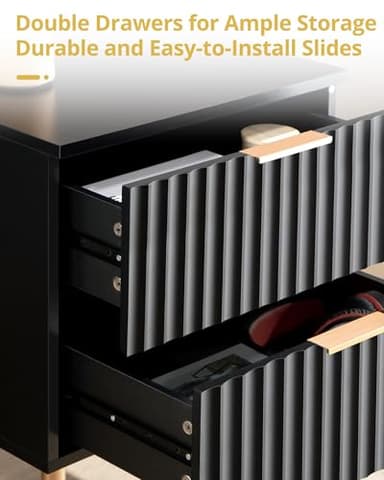 SICOTAS Black Night Stand Set 2, Fluted Glossy Nightstand with 2 Drawers, Wide Modern Storage Bedside Table for Bedroom, End Side Table with Golden Metal Legs and Handles (Black, 2 Pieces) - Image 5