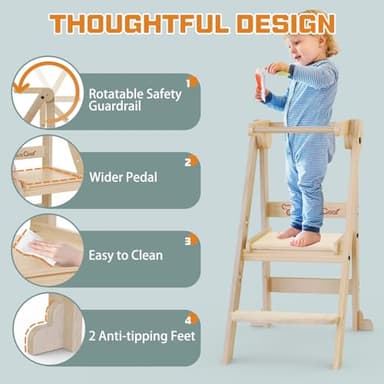 Foldable Toddler Kitchen Stool Helper, Toddler Tower with 3 Adjustable Height, Wooden Toddler Step Stool, Collapsible Toddler Tower, Toddler Stool for Kitchen and Bathroom (Nature) - Image 4