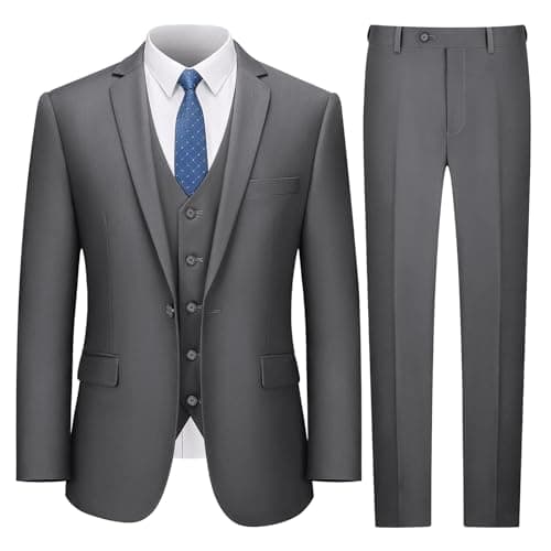 LUPURTY Suits for Men, 3 Piece Men's Suit Slim Fit, Solid Jacket Vest Pants with Tie, One Button Tuxedo Set for Business, Wedding, Dark Grey XL - Image 1