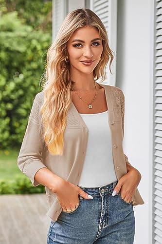 GRACE KARIN Womens Cropped Cardigan 3/4 Sleeve Sweaters Tops V-Neck Button Knitwear Crochet Cardigan Bolero Shrug Khaki L - Image 4