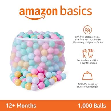 Amazon Basics BPA Free Crush Proof Plastic Ball, Pit Balls with Storage Bag, Toddlers Kids 12+ Months, 1000 Count, 1000 Balls, 6 Pastel Colors - Image 2