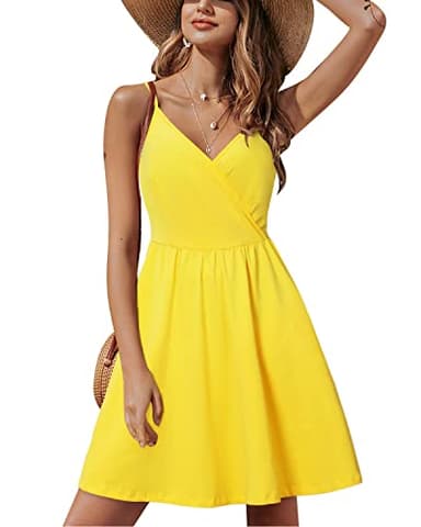 STYLEWORD Women's V Neck Spaghetti Strap Summer Casual Swing Dress with Pocket (Yellow-429,S) - Image 1