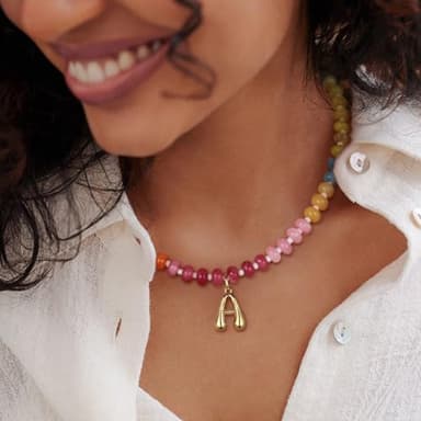 KissYan Initial Necklaces for Women, Colorful Beaded Gemstone Choker 14K Gold Bubble Letter Pendant Necklace Natural Stone Summer Beach Handmade Jewelry Gift(C) - Image 3