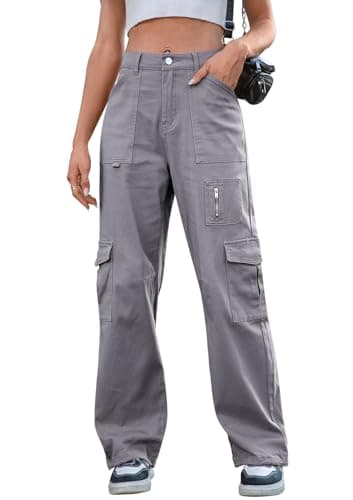 IVIR High Waisted Cargo Pants Women Adjustable Waist Wide Leg Casual Pants Combat Military Trouser Grey XS - Image 1